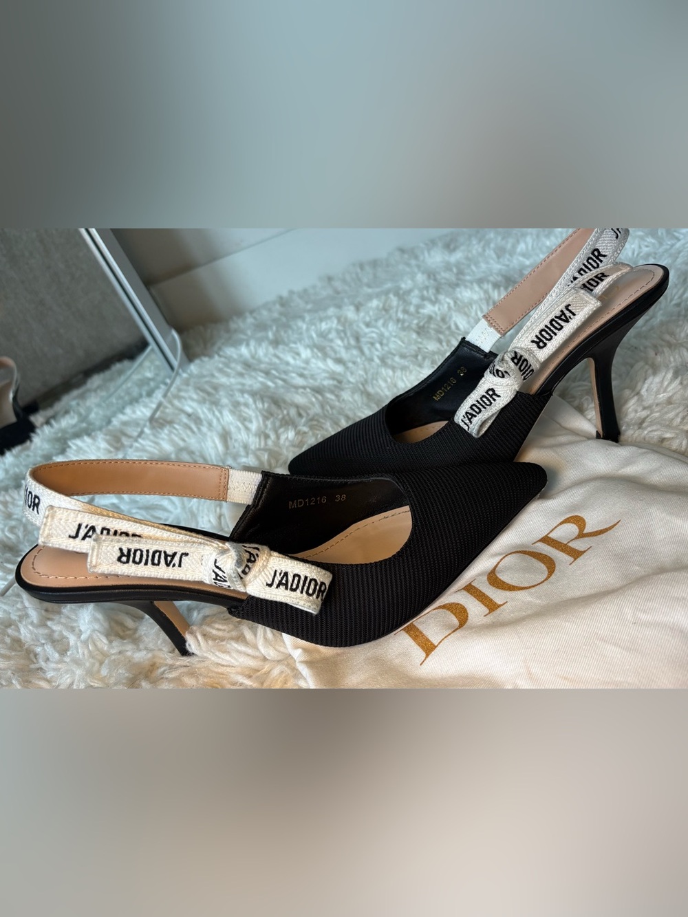 Dior Black Pointed J'Adior Slingback Pumps with White Ribbon